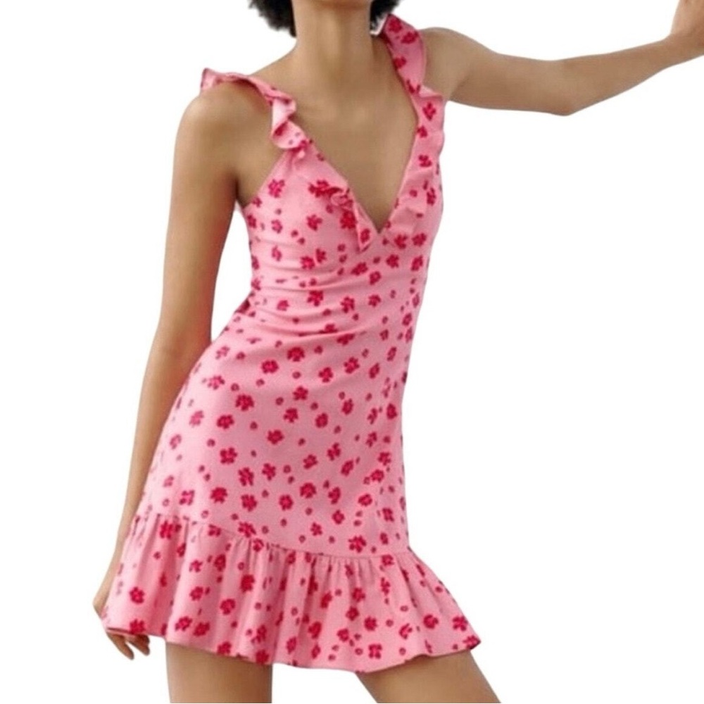 ZARA PINK FLORAL PRINT RUFFLED STRAPS LINEN BLEND SMOCKED MINI DRESS SIZE M NWT
